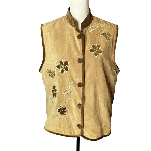Suede Vest with Floral Embroidery Sleeveless Brown Trimmed Button Down Top - Picture 2 of 14